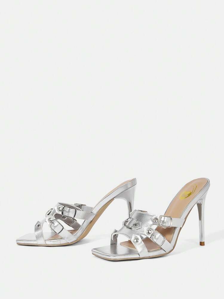 Fashionable French Style Metallic Buckled Open Toe High Heeled Sandals For Spring And Summer