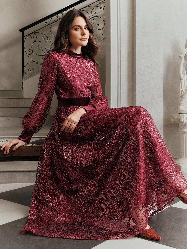 Autumn/Winter Date Red Sequin & Velvet Patchwork Waist Dress For Women