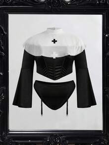 Fantasy Costume Fantasy Costume 大码女士性感内衣套装，包括长袖露肩上衣、低腰吊袜带内裤、披肩和头饰（4件套） - 黑與白 - 查看 7