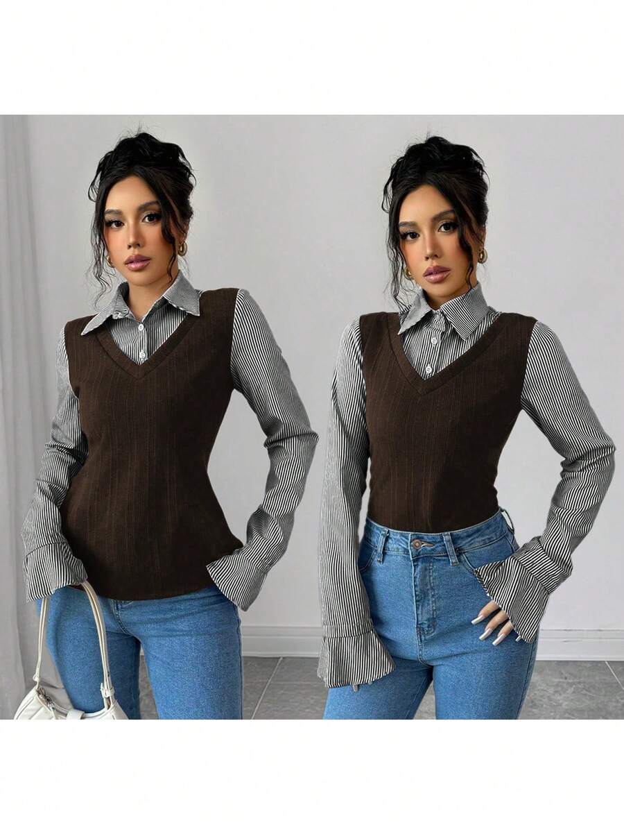 Elenzga Áo thun dài tay kẻ sọc phối màu đơn giản cho nữ, mùa thu - Màu nâu  Mocha - Xem 1