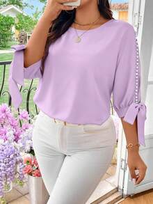EMERY ROSE Blusa elegante y casual de mujer talla grande con hombros descubiertos, de tejido sólido y con lazo de perlas