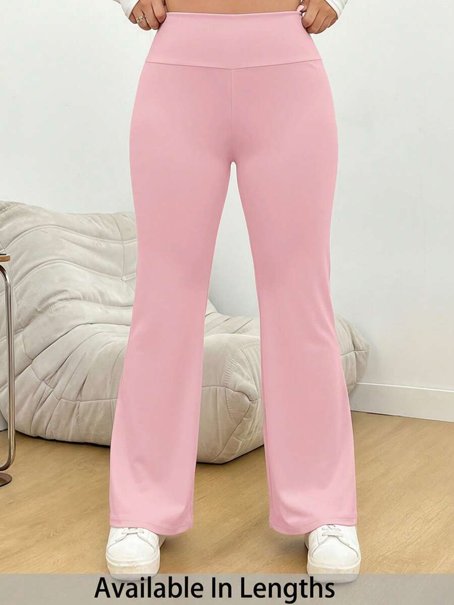SHEIN PETITE CURVE 大码高腰休闲纯色喇叭裤 - 粉色 - 查看 1