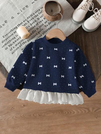 SHEIN Infant Girls' Fashion Embroidered Ruffle Hem Printed Sweatshirt