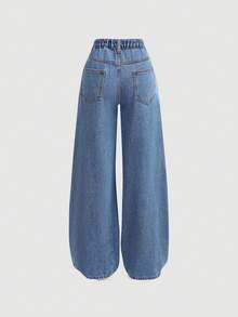 Girlism 少女Y2K宽松蓝色牛仔裤，饰有雏菊刺绣，适合秋季、冬季、休闲时尚度假、街头服饰，展现2000年代风格，也适合圣诞节穿着。 - 中等水洗藍 - 查看 2