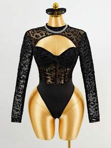 Mistrie Sexy Leopard Print Flocking Pattern Black Bodysuit,Summer Spring Mock Neck Cut Out Underwire Bust Cup Slim Fit Long Sleeve Semi-Sheer Bodysuits,Casual Cheetah Print Mesh Contract Boned Jumpsuits,Fashion Street See-Through Clothes,Sexy Party Outfits For Women,Music Festival/Club/Night Out/Rave Festival Outfits,Valentine Dating Wear - Black - View 4