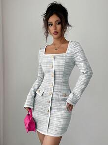 Elenzga 女士优雅方领简约提花格纹修身连衣裙，饰有刺绣纽扣和口袋，长袖迷你连衣裙，适合约会和通勤，秋季款 - 黑與白 - 查看 4