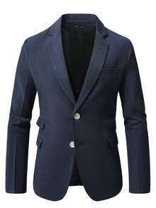 Manfinity Mode Men's Solid Color Business Commute Suit Set (Jacket And Pants) Men Casual Suit Mens Casual Suits Slim Fit Men Elegant Outfit Men Navy Blue Outfit Men Classy Outfits - Navy Blue - View 3