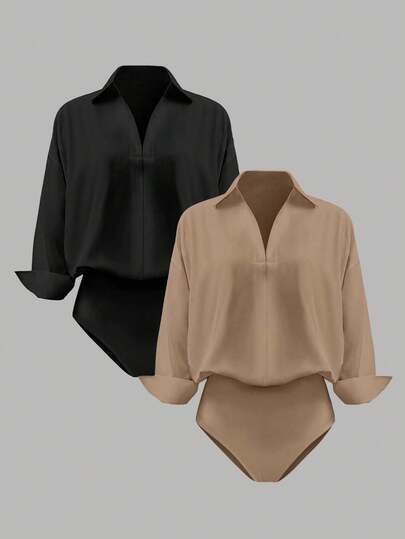 Airaco Women's Casual Commuter Solid Color Bodysuit 2 Pieces Set