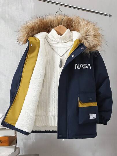 1pc Boys' Patchwork Contrast Color Utility Pocket Padded Coat With Fur Collar, Suitable For Outdoor Casual Wear In Autumn/Winter