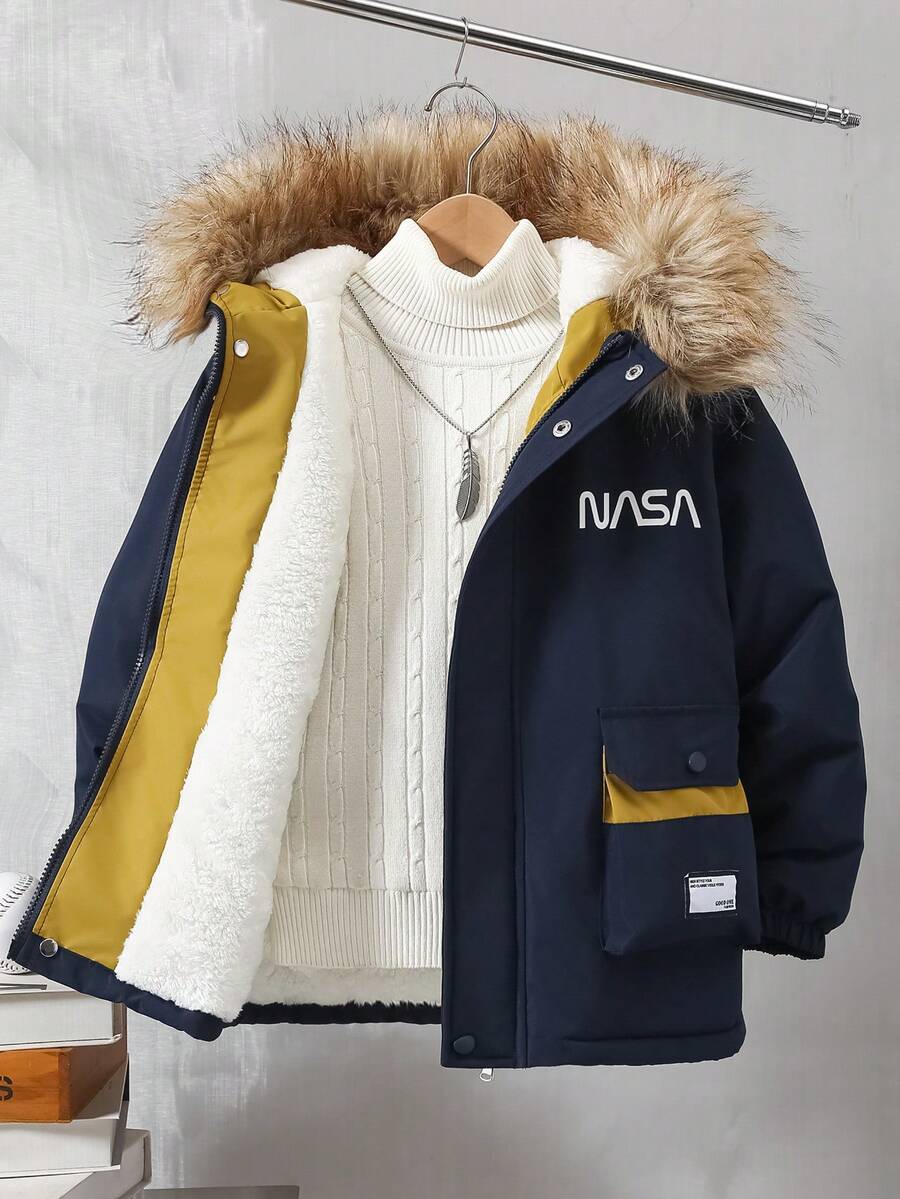 1pc Boys' Patchwork Contrast Color Utility Pocket Padded Coat With Fur Collar, Suitable For Outdoor Casual Wear In Autumn/Winter - Navy Blue - View 1