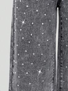 SHEIN Explorewe Tween Girl Grey Fashion Simple Casual Rhinestone Decorated Loose Wide Leg Washed Denim Pants - Grey - View 6