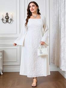 Modelyn Plus Size Women Elegant Jacquard Square Neck Flare Sleeve Dress - Apricot - View 5