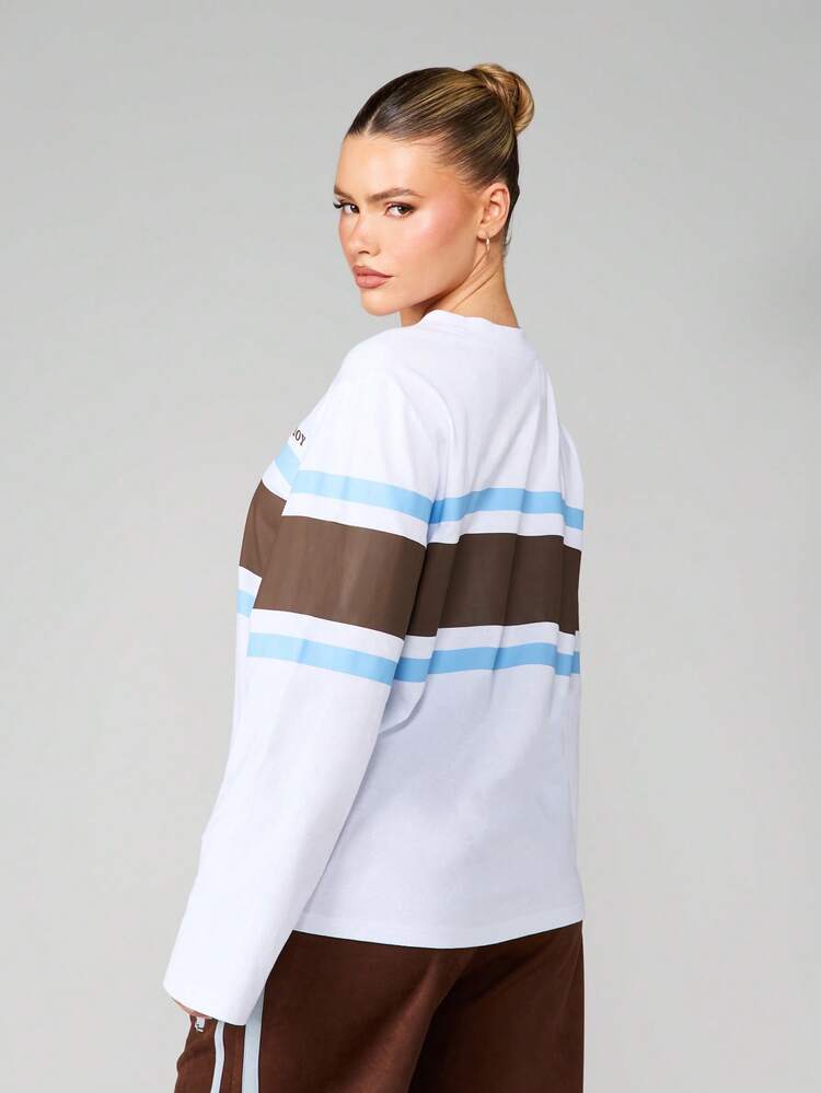 Missguided x Playboy Horizontal gestreiftes Langarm Lässig Crew Neck T-Shirt mit Relaxed Fit Farbblock Design, Herbst-Winter Garderobe Essentiell