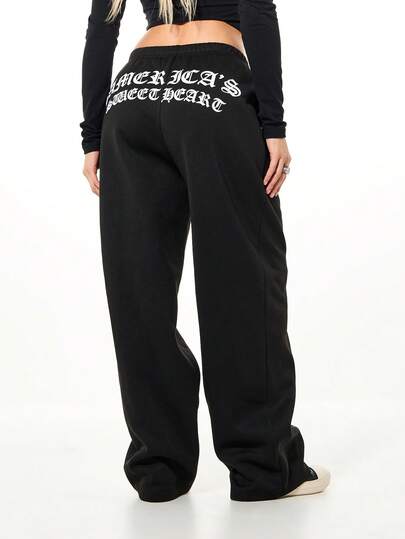 SUMWON WOMEN Gothic Wide Leg Sweatpants With Back Print Letter Design Drawstring Waist Comfortable Loose Fit Casual Pants
