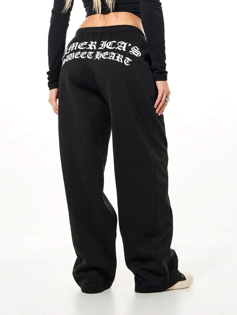 SUMWON WOMEN 哥特风阔腿运动裤，后腰印花字母设计，抽绳腰带，舒适宽松休闲裤 - 黑色 - 查看 1