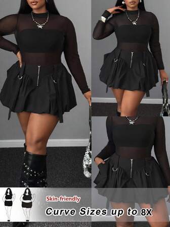 SHEIN CURVE+ Plus Size Women Casual Ruffle Hem Solid Color Zipper Sexy Short Skirt, Suitable For Work And Commute, Autumn/Winter
