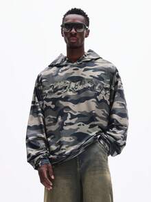 SUMWON Applique Camouflage Pullover Hoodie With Graphic Text Long Sleeve Casual Streetwear Winter Fall Oversized Fit - Army Green - View 3