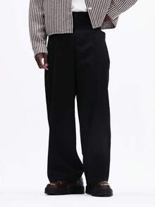 SUMWON 男士黑色阔腿褶裥修身西裤，带侧袋，商务办公正式正装裤，秋冬经典专业工作服 - 黑色 - 查看 1