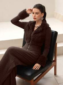Modelyn 2pcs/Set Grey Faux Fur Trim Knit Top And Straight Leg Pants Set, Autumn/Winter - Coffee Brown - View 6
