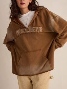 Easelle 女士休闲时尚街头风棕色刺绣字母袋鼠口袋卫衣，春秋季 - 棕色 - 查看 1