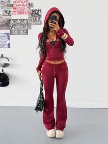 StreetHx Women's 2000s Style Casual Streetwear, Y2K Inspired Embroidered Pattern Loose Fit 2 Pieces Set, Long Sleeve, Autumn/Winter - Burgundy - View 5
