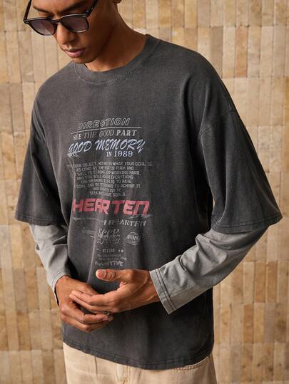 SWAVVY 男士针织休闲宽松字母图案拼色都市长袖T恤，英文图案印花拼接设计，开学季，夏季