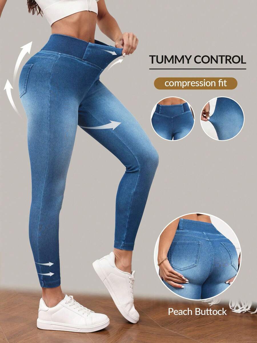 SHEIN PETITE Quần jeans nữ cạp cao ôm vừa vặn, co giãn cao màu xanh lam - Rửa nhẹ - Xem 1