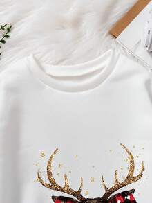 SHEIN Tween Girl Casual Christmas Reindeer Print Round Neck Drop Shoulder Sweatshirt, Autumn/Winter - White - View 3