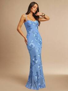 Fitted Strappy Dress With 3D Floral Print - Beige - View 4