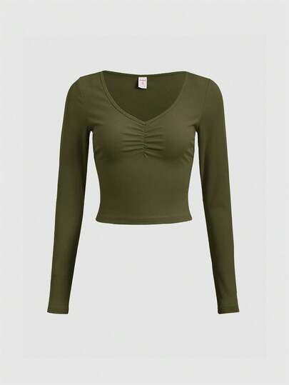 Women's Casual Solid Color Pleated V-Neck Long Sleeve T-Shirt