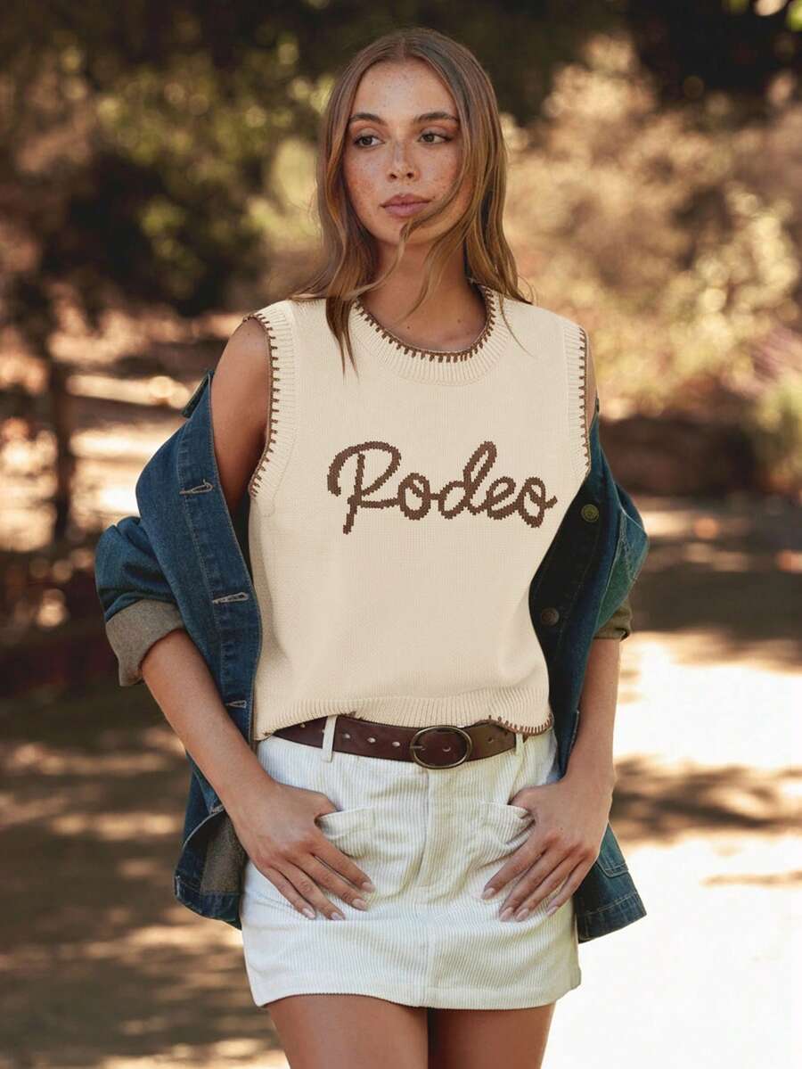 WESTFADE Round Neck Multi Stitch Rodeo Embroidered Sweater Vest Fall, Autumn, Winter, Nashville Concert, Casual, Cute, Boho, Western Wear For Women - Apricot - View 1
