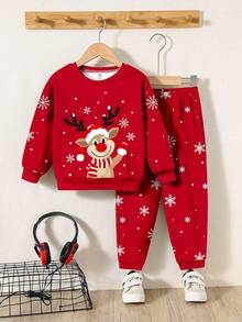 SHEIN 2 Stücke/Set Jungen Lässig Warm & Bequem Klassisch Weihnachten, Stern Weihnachtsbaum, Weihnachtsbär, Weihnachtsren Muster Loose Fit Sweatshirt und Hose Set, geeignet für den Sommer