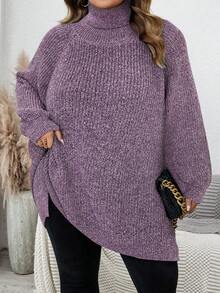 SHEIN CURVE+ 大码女式纯色高领长袖休闲宽松套头毛衣，秋冬款 - 紫色 - 查看 6
