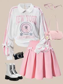 SHEIN ChillGRL Casuvi 儿童女童两件套：水滴领英式印花长袖运动衫，搭配撞色丝带和蝴蝶结装饰的时尚百褶裙，适合春秋季休闲、返校、度假穿着 - 粉色 - 查看 3