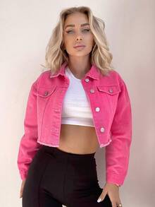 SHEIN ICON Áo khoác denim màu trơn cỡ lớn dành cho nữ, Thu/Đông - Màu Hồng Tươi - Xem 3