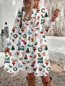 EMERY ROSE Plus Size Women White Autumn Casual Loose Fit Round Neck Dress With Gingerbread Man, Christmas Tree, Deer, Floral Patterns, Party New Year Party - Multicolor - View 1