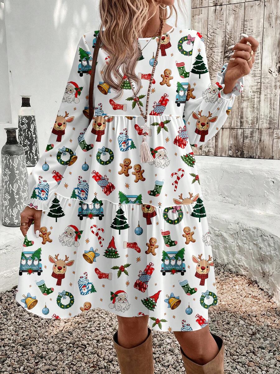EMERY ROSE Plus Size Women White Autumn Casual Loose Fit Round Neck Dress With Gingerbread Man, Christmas Tree, Deer, Floral Patterns, Party New Year Party - Multicolor - View 1