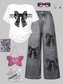 SHEIN ChillGRL 2 件套青少年女孩时尚街头蝴蝶结印花宽松短袖上衣和阔腿宽松裤套装，适合休闲外出，春夏季 - 白色 - 查看 5