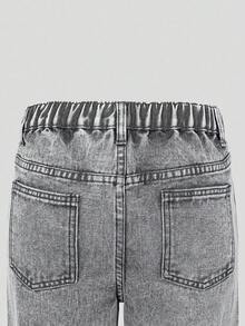 SHEIN ChillGRL 青少年女孩灰色时尚休闲水钻装饰宽松阔腿水洗牛仔裤