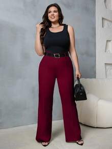 EURMUSE Plus High Waist Flare Leg Suit Pants - Burgundy - View 6