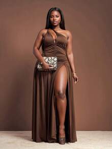 Slaydiva 2025 春夏新品 音乐节、复活节、西部风、游牧风、生日派对、毕业典礼、学院风、学生风、日常休闲、基本百搭、休闲、度假、邮轮旅行、海滩、日光浴、网络热播、街头潮流、婚礼宾客波西米亚风、通勤、早午餐、机场、Y2K、乡村复古、节日、新年、情人节、优雅浪漫性感派对深 V 领露背开衩 A 字长裙 - 棕色 - 棕色 - 查看 1