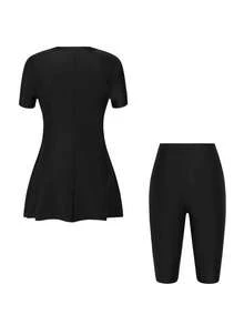 Swim Mulvari 新款夏季女士圆领短袖褶皱肩部开衩下摆连衣裙及黑色百慕大短裤休闲度假比基尼套装 - 黑色 - 查看 6