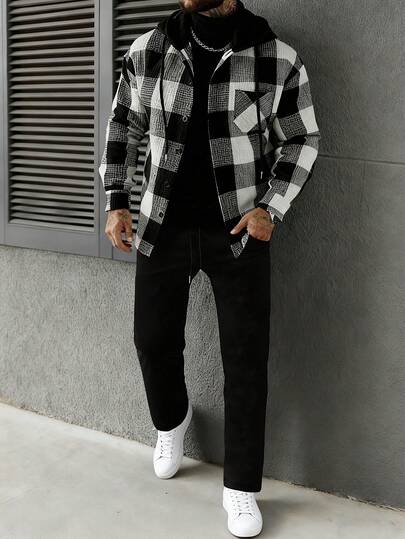 Manfinity CasualCool 男士时尚简约格子长袖连帽外套和裤子休闲套装