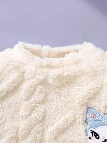 SHEIN Playful Pals 女童秋冬淺藍色提花抓絨套頭上衣與長褲套裝，可愛刺繡圖案，彈性袖口與下擺，女孩日常必備穿搭 - 淺藍色 - 查看 5