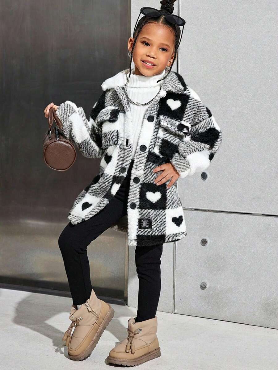 3件套女童休闲格子双面抓绒保暖中长外套、长袖针织上衣和打底裤，儿童冬季套装 - 黑與白 - 查看 1