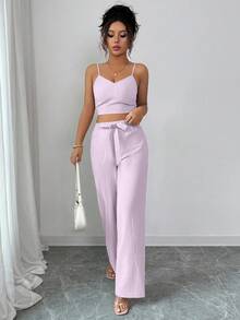 SHEIN PETITE 女士休闲纯色高腰吊带背心和阔腿裤套装 - 淡紫色 - 查看 6