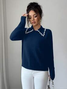 SHEIN Elenzya Aniusta 女士秋冬休闲上衣，适合度假、独立日、劳动节、哥伦布日、感恩节、情人节、复古风、斯德哥尔摩风、图卢姆风、韩版风、优雅百搭、学生装、教师装、哥特风、办公室装、商务休闲装、返校季等场合，黑色针织衫，领口饰有装饰。 - Dark Blue - 查看 6