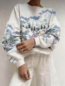 EMERY ROSE Women's Casual Loose Fit Snowscape Print Crew Neck Long Sleeve Sweatshirt, Autumn/Winter - Multicolor - View 3