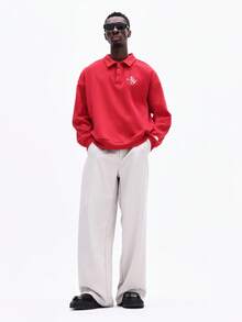 SUMWON Men's Red Long Sleeve Polo Sweatshirt With Small Script Branding Embroidered Logo Regular Fit Casual Pullover For Fall Winter Plain - Red - View 7