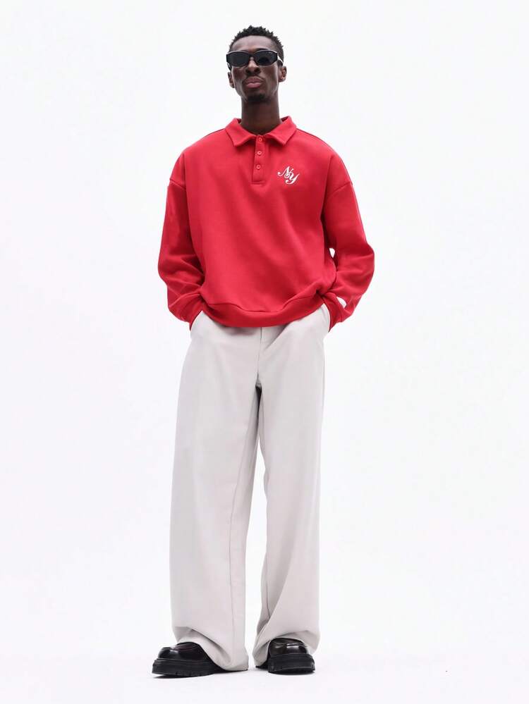 Red Long Sleeve Polo Sweatshirt With Script Logo
